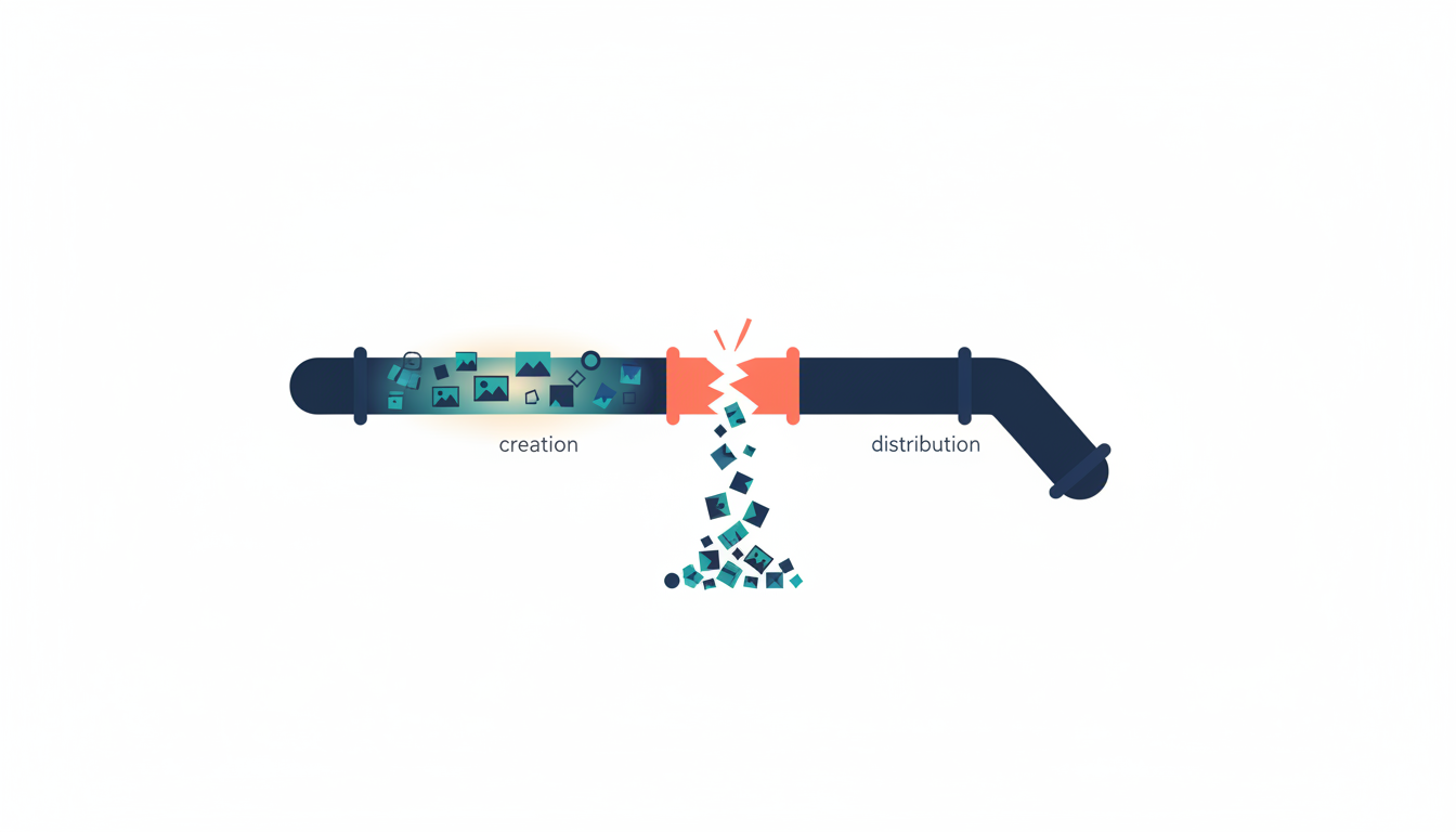 Conceptual illustration of a content pipeline: the creation side is full and active with content flowing, but the pipe is broken at the distribution stage, spilling content before it reaches an audience